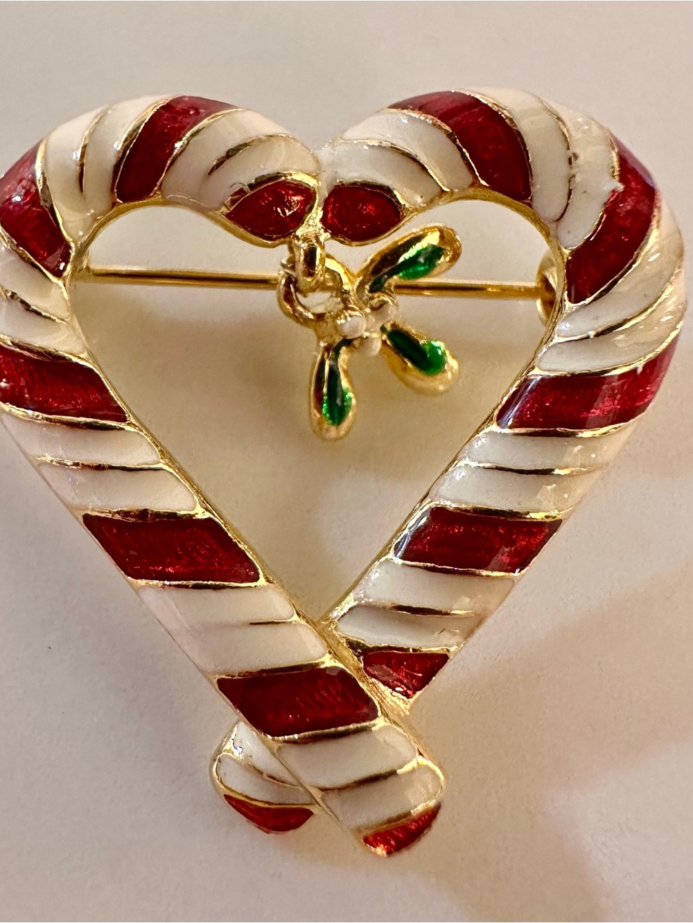 Red & White Enamel Heart Candy Cane Brooch with Green Accent